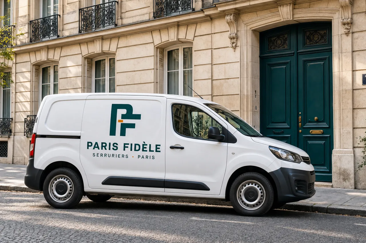 Camionnette Paris Fidèle garée devant un immeuble haussmannien à la porte d'entrée vert sarcelle, à Paris